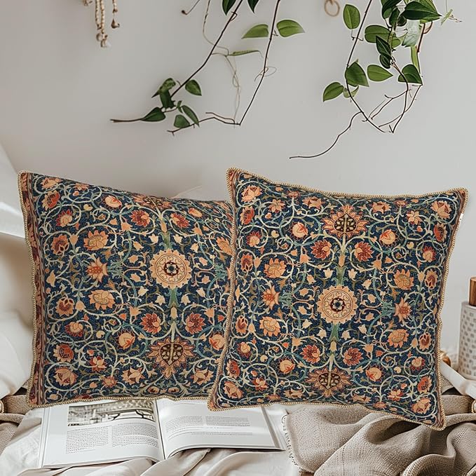 Vintage Floral Soft Velvet Throw Pillow Covers Set of 2 Burnt Orange Navy Flowers Plant Decorative Pillow Covers 16x16 Inch Art Botanical Pillow Case For Sofa Couch Outdoor Farmhouse Home Decor