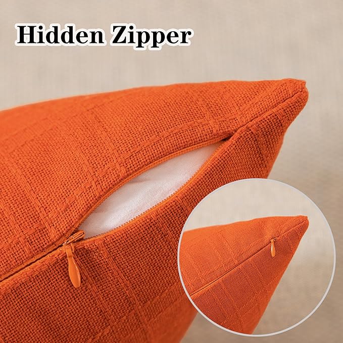 Kevin Textile Fall Outdoor Waterproof Throw Pillow Covers Decorative Farmhouse Water Resistant Checkered Cushion Covers for Tent Patio Garden Couch Sofa Pack of 2 (24x24 Inch Orange)