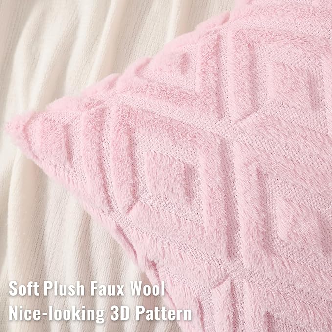 decorUhome Couch Throw Pillow Covers 26x26 Set of 2, Decorative Soft Plush Faux Wool Neutral Accent Pillow Covers for Bed Sofa Living Room, Light Pink