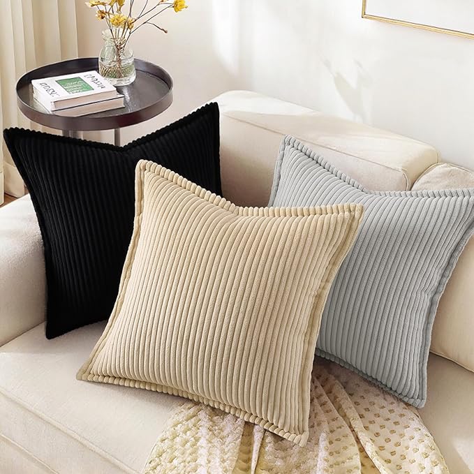 decorUhome Corduroy Black Throw Pillow Covers 18x18 Set of 2 Decorative Soft Boho Farmhouse Euro Couch Pillow Covers for Living Room Bed Sofa Broadside Striped Pillow Cases
