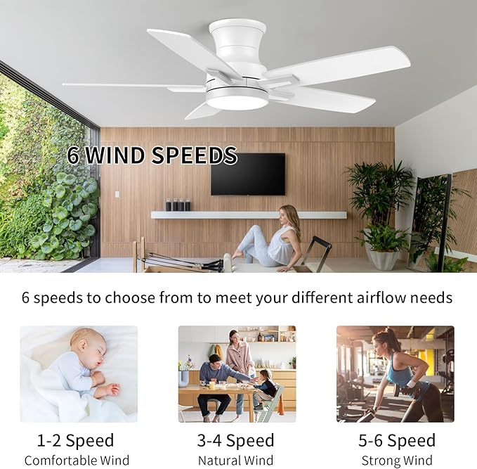 YUHAO 42 Inch Flush Mount White Ceiling Fan with Light and Remote Control.Noiseless,Dimmable,3CCT,6 Speeds Reversible, Low Profile DC Ceiling Fans for Indoor Use