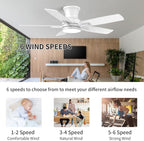 YUHAO 42 Inch Flush Mount White Ceiling Fan with Light and Remote Control.Noiseless,Dimmable,3CCT,6 Speeds Reversible, Low Profile DC Ceiling Fans for Indoor Use