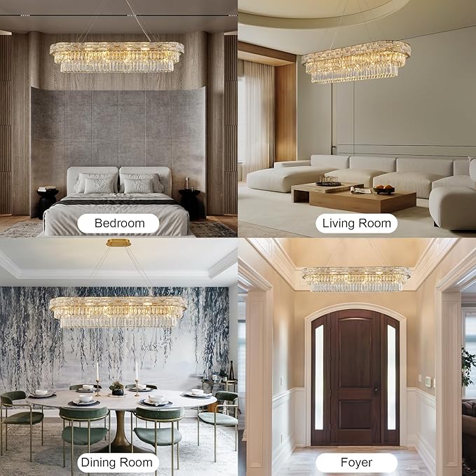 Crystal Chandeliers, 49.2" 18-Light Rectangular Chandelier for Dining Room, Gold Chandelier for Kitchen, Modern Large Chandeliers, Dining Room Light Fixture Island Lights Dimmable