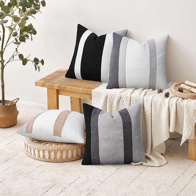 Adabana Modern Pillow Covers 18x18 Set of 2 Farmhouse Decor Patchwork Linen Cushion Covers for Living Room Couch Bed White and Beige