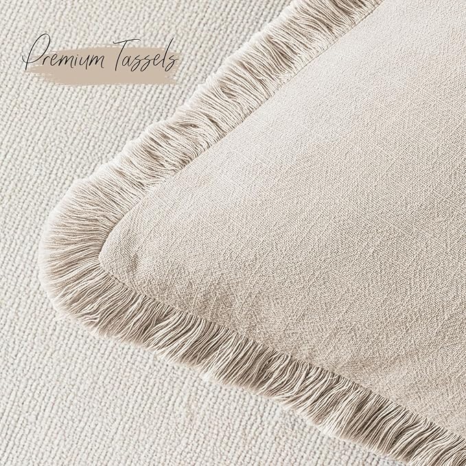 Woaboy Decorative Linen Fringe Throw Pillow Covers Boho Farmhouse Soft Euro Cushion Covers Accent Pillowcases with Tassels for Living Room Couch Sofa Bed Chair,26x26 Inch Set of 2,Beige