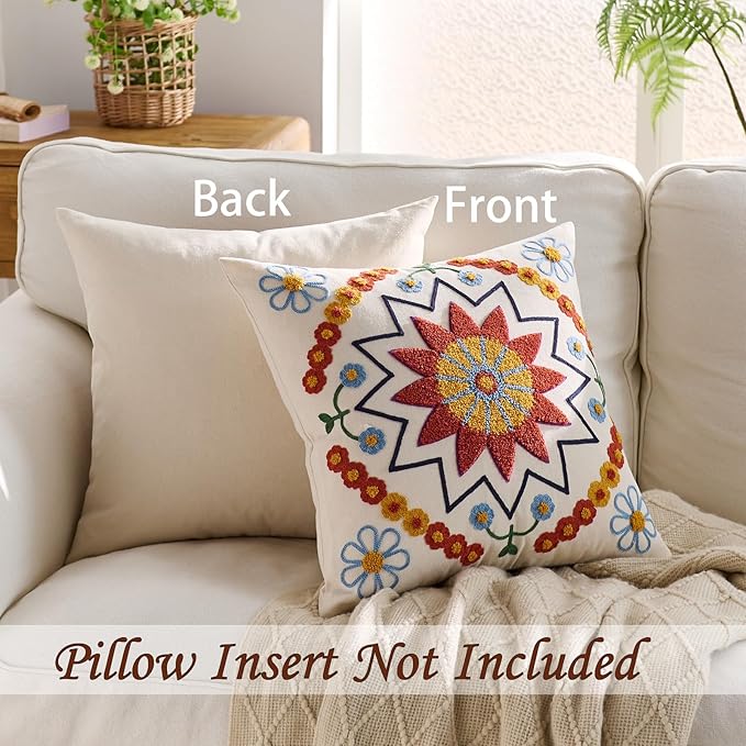Embroidered Throw Pillow Cover 22x22 Classic Boho Floral Pattern Pillows Cover Outdoor Decorative Pillowcase,Durable Cozy Textured Cushion Case for Sofa Couch Bed Living Room,Orange