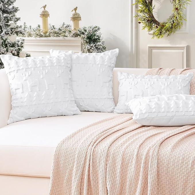 OTOSTAR Set of 2 Xmas Soft Plush Short Wool Velvet Decorative Throw Pillow Covers Square Luxury Style Cushion Case Pillow Shell for Sofa Bedroom Christmas Tree and Elk White, 16x16 Inch