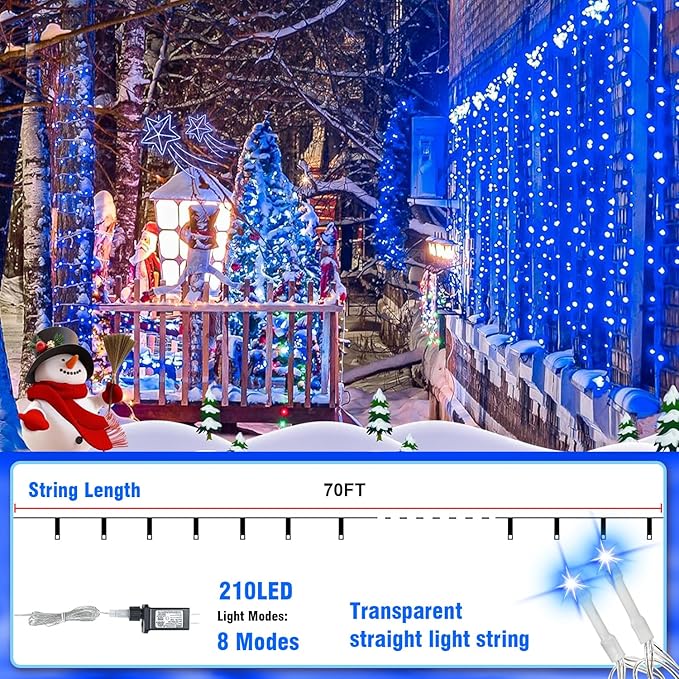 70FT with 210 LEDs – Designed with 210 LEDs on a 70FT Strand, These Lights Create a Dazzling Blue Glow That’s Ideal for Wrapping Trees, Decorating Windows, Stair Rails, or patios(Blue)