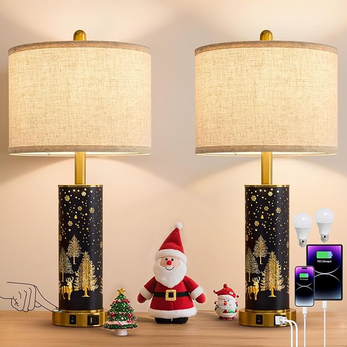 26.5" Farmhouse Table Lamp Set of 2, 3-Way Dimmable Touch Control Bedside Lamps Vintage Rustic Side Table Nightstand Lamps for Bedroom Living Room Study Room (Gold-Blue)