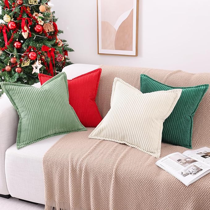 Mecatny Christmas Corduroy Throw Pillow Covers 24x24 Set of 2, Neutral Decorative Soft Boho Couch Pillow Covers with Broadside for Sofa Living Room, Green