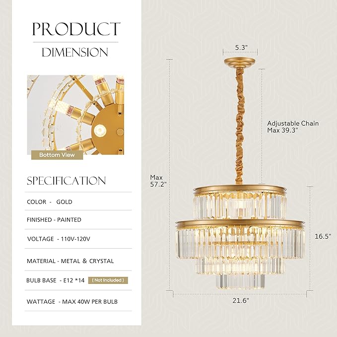 21.6" 14-Light Modern Crystal Chandelier Light Fixtures 4-Tier Gold Luxury Chandeliers for Dining Room Round Hanging Pendant Lighting for Living Room Kitchen Entryway Bedroom Foyer Hallway