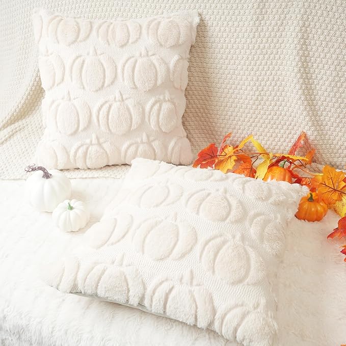 GEEORY Fall Pumpkins Soft Plush Pillow Covers, 18 x 18 Inch Set of 2, Fluffy Faux Fur Wool Decorative Farmhouse Cushion Case for Sofa Home Decoration Beige Pumpkin GC020-18
