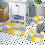 Lnond 4Pcs Yllow Bathroom Shower Curtain Sets with Rugs, Yellow Grey Abstract Painting Bathroom Sets with Shower Curtain and Rugs and Accessories