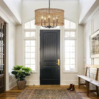 Hand-Woven Rattan Chandelier Vintage Farmhouse Boho Bamboo Chandeliers Light Fixture Rustic Retro 5-Lights Drum Wicker Rattan Black Chandelier for Dining Room, Kitchen, Living Room, E12