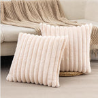 ZLINA Set of 2 Beige Faux Fur Decorative Throw Pillow Covers Fluffy Striped Pillowcase Cushion Covers 18 x18 Inch Decor Sofa Couch Bedroom