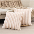 ZLINA Set of 2 Beige Faux Fur Decorative Throw Pillow Covers Fluffy Striped Pillowcase Cushion Covers 20 x 20 Inch Decor Sofa Couch Bedroom