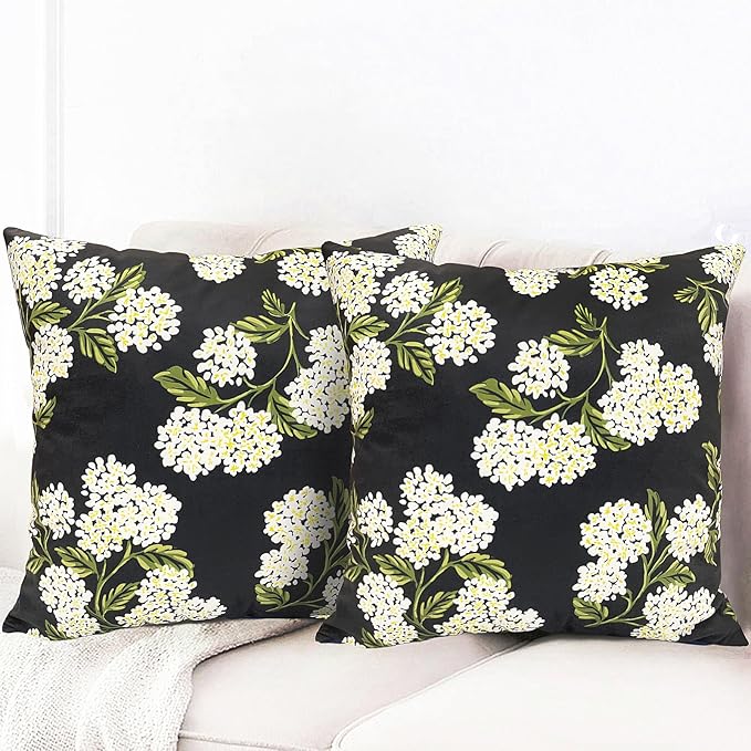 Decorative Throw Pillow Covers Set of 2 Black Hydrangea Pillow Covers 18x18 inch Super Soft Short Plush Square Floral Throw Pillows,Farmhouse Outdoor Pillow Covers for Couch Living Room