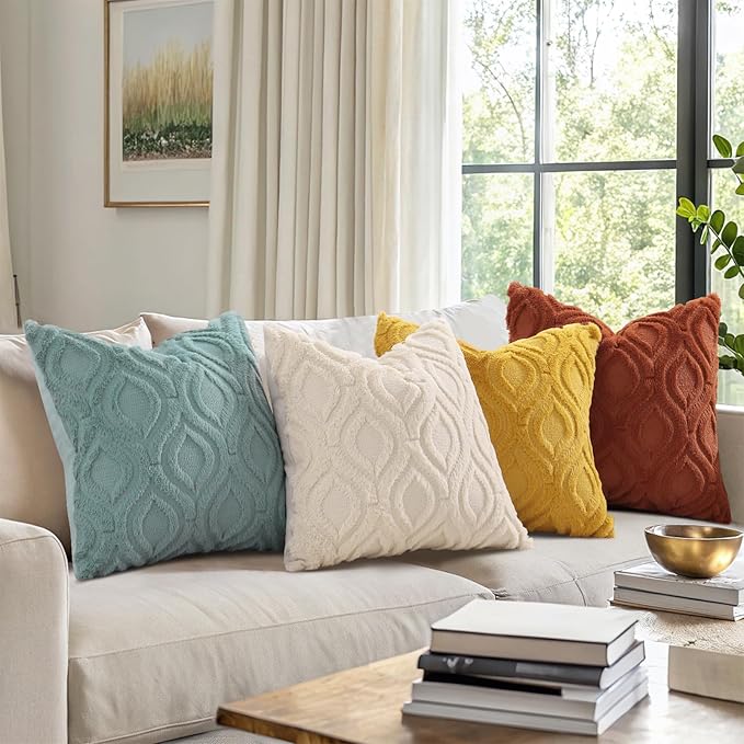 decorUhome Throw Pillow Covers 20x20 Inch Set of 2, Soft Plush Decorative Faux Fur Mustard Yellow Solid Couch Pillow Covers, Accent Farmhouse Neutral Square Euro Pillow Cases for Sofa Bed Living Room
