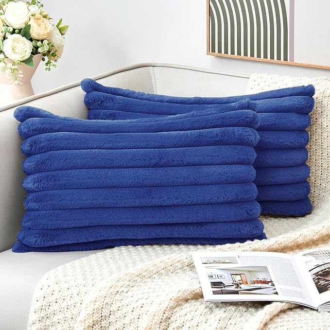 Throw Pillow Covers Decorative Faux Fur Set of 2 12x20 Inch Pillow Covers, Soft Navy Blue Lumbar Plush Striped Pillowcases for Couch Sofa Bed Living Room, Fluffy Cute Home Boho Accent Decor