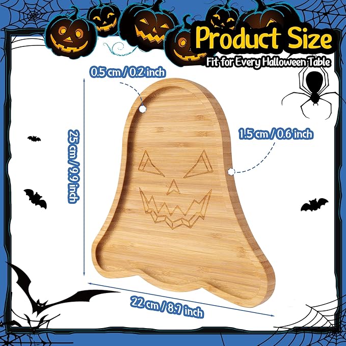 TJ POP Halloween Ghost Serving Tray - Spooky Ghost Shaped Bamboo Serving Platter, Festive Wooden Charcuterie Board, Snack Cheese Dish Plate for Candy, Treats, Drinks & Holiday Party Decor (10" x 9")