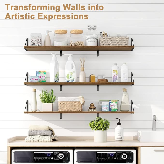 Fun Memories Extra Long Floating Wall Shelves, 48 x 8 Inches, Set of 3 Large Wood Floating Bookshelves with Metal Brackets for Storage & Display (Walnut)