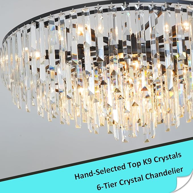 Modern Crystal Chandelier Black, 32" Round Luxury Top K9 Crystal Chandeliers 6-Tier 13 Lights Large Adjustable Height Ceiling Hanging Pendant Light Fixture for Living Room Bedroom Foyer