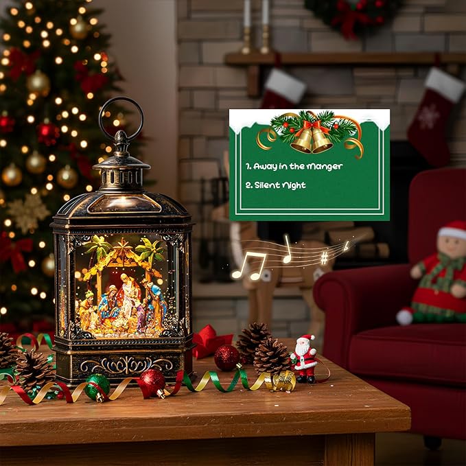 Christmas Snow Globe Swirling Glittering Nativity Scene with Music, USB Lined/Battery Operated Lighted Water Lantern for Christmas Festival Decoration Gifts
