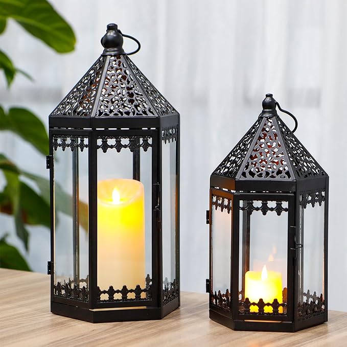 TRIROCKS Set of 2 Deacorative Candle Lantern 16'' & 12'' High Metal Candle Holder Hanging Lanterns with Tempered Glass for Halloween Christmas Indoor Outdoor Home Decor Parties Garden Events (Black)
