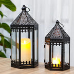 TRIROCKS Set of 2 Deacorative Candle Lantern 16'' & 12'' High Metal Candle Holder Hanging Lanterns with Tempered Glass for Halloween Christmas Indoor Outdoor Home Decor Parties Garden Events (Black)
