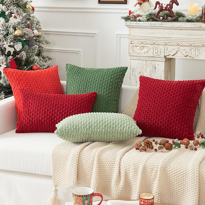 Kevin Textile Christmas Lumbar Throw Pillow Covers Ultra Soft Solid Striped Corduroy Rectangle Pillow Cover for Sofa 12 x 20 inch Burgundy 2 Pieces