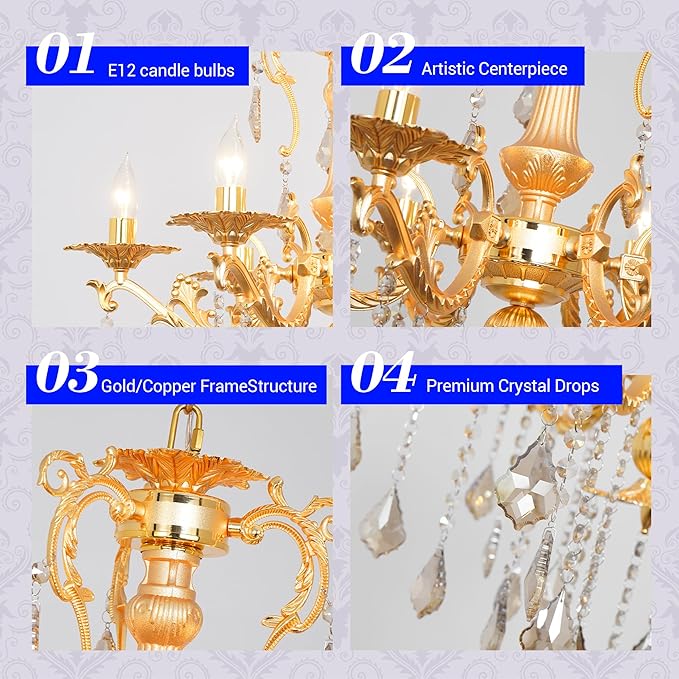 Luxury Gold Crystal Chandelier, 24" Vintage K9 Crystal Pendant Light with 6 Lights, Antique Brass Finish Ceiling Light Fixture with Scrolled Arms for Dining Room Living Room Foyer Villa Hotel