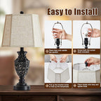 Lamps for Night Stands Set of 2-23.5" Vintage Bedside Lamp with USB A+C and Nightlight - Black Retro Carved Resin Farmhouse Table Lamp for Bedrooms, End Tables, Living Room, Bulbs Included