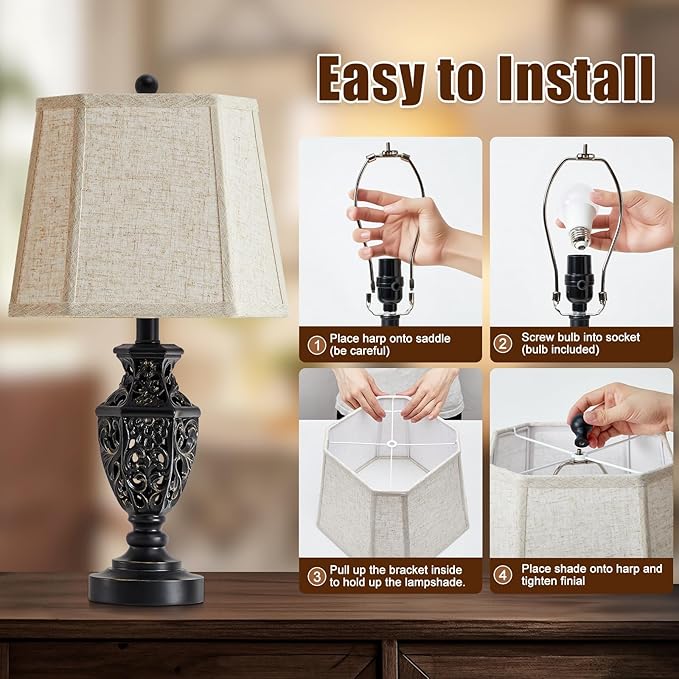 Lamps for Night Stands Set of 2-23.5" Vintage Bedside Lamp with USB A+C and Nightlight - Black Retro Carved Resin Farmhouse Table Lamp for Bedrooms, End Tables, Living Room, Bulbs Included