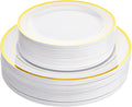Aya's 60 Gold Rimmed Plastic Plates for Party, Heavy Duty Disposable Set of 30 Dinner and 30 Dessert Plates, Elegant Fancy Design for Weddings, Parties, and Special Events