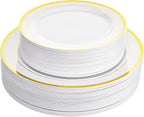 Aya's 60 Gold Rimmed Plastic Plates for Party, Heavy Duty Disposable Set of 30 Dinner and 30 Dessert Plates, Elegant Fancy Design for Weddings, Parties, and Special Events