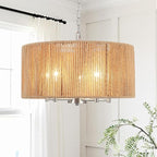 Boho Large Rattan Chandelier, 5-Lights Woven Pendant Light Fixture, 19" Dining Room Light Fixture Farmhouse Nickel Vintage Chandeliers Hanging Light for Living Room Kitchen Entryway Hallway Foyer