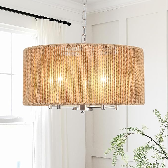 Boho Large Rattan Chandelier, 5-Lights Woven Pendant Light Fixture, 19" Dining Room Light Fixture Farmhouse Nickel Vintage Chandeliers Hanging Light for Living Room Kitchen Entryway Hallway Foyer