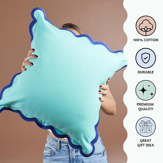 Folkulture Throw Pillow Covers 18x18, Set of 2 Cotton Scallop Pillow Cover, Decorative, Cute Outdoor, Boho for Couch, Blue