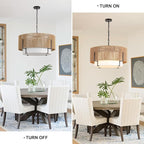 25.6" Large Rattan Chandelier, 6-Light Boho Pendant Light with Fabric Shade, Farmhouse Rattan Hanging Ceiling Light Fixture for Dining Room, Living Room, Kitchen Island, Bedroom, Hallway, Foyer