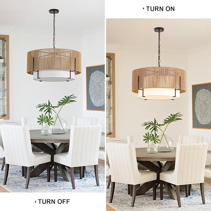 25.6" Large Rattan Chandelier, 6-Light Boho Pendant Light with Fabric Shade, Farmhouse Rattan Hanging Ceiling Light Fixture for Dining Room, Living Room, Kitchen Island, Bedroom, Hallway, Foyer