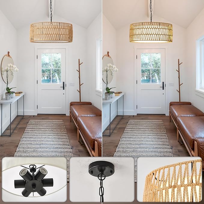 Farmhouse Rattan Chandelier Light Fixture, Boho Pendant Light Hand Woven Chandeliers for Dining Room with Fabric Shade, Large Wicker Coastal Pendant Light for Kitchen Bedroom Island Hallway