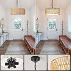 Farmhouse Rattan Chandelier Light Fixture, Boho Pendant Light Hand Woven Chandeliers for Dining Room with Fabric Shade, Large Wicker Coastal Pendant Light for Kitchen Bedroom Island Hallway
