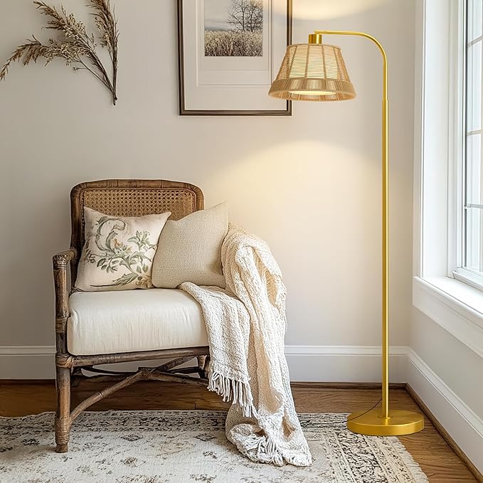 Oneach Arc Floor Lamp for Living Room,Rattan Boho Floor Lamp with Hand-Woven Wicker Shade, Gold Metal Base & Pole,Foot Switch,Farmhouse Standing Lamps for Bedroom Corner,Reading