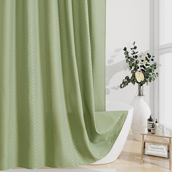 3D Embossed Pattern Shower Curtain, Simple and Chic Pattern Vintage Curtain for Bathroom, Waterproof Fabric Shower Curtains with Hooks, 72 W x 72 H, Sage