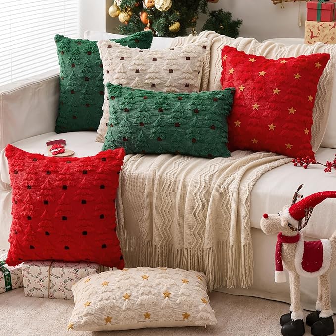 MIULEE Christmas Tree Decorative Pillow Covers Faux Fur Wool Throw Pillows Soft Plush Cushion Covers Set of 2 Xmas Home Decor Winter Holiday for Sofa Couch Livingroom Bed 12x20 Inch Dark Green