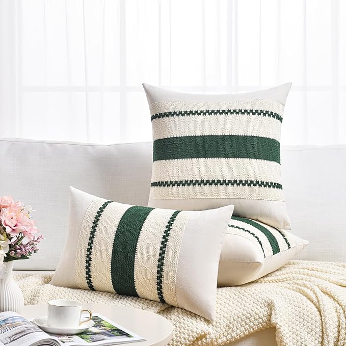 Fancy Homi Set of 2 Dark Green Boho Lumbar Decorative Throw Pillow Covers 12x20 Inch for Couch Bed Sofa Bedroom, Modern Farmhouse Vintage Forest Green Living Room Decor