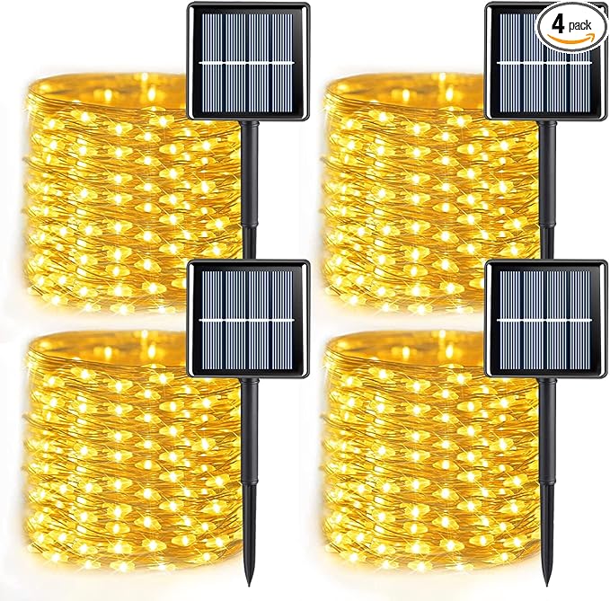 QITONG 4 Pack Warm White Solar Fairy Lights, Each 33ft 100 LED String Light Outdoor Waterproof, 8 Modes Copper Wire Mini Twinkle Lights for Outside