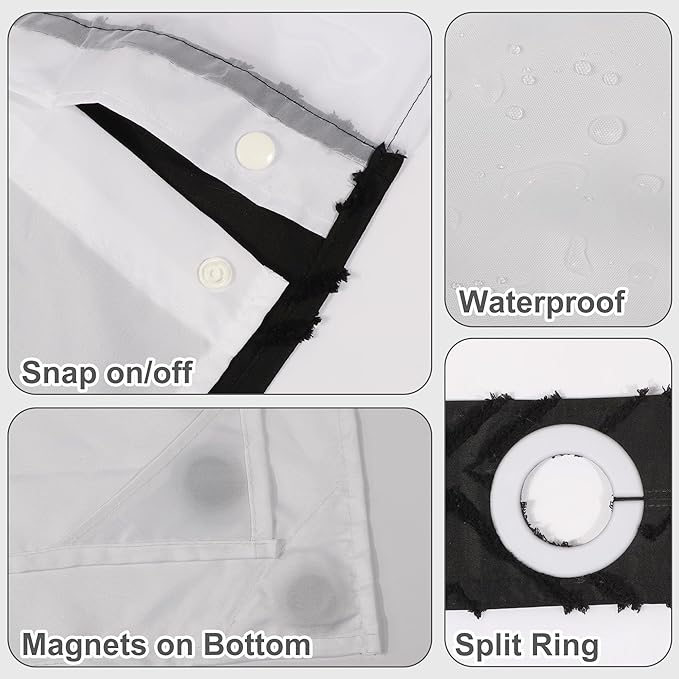 No Hook Shower Curtain Set with Snap in Liner, Black Jacquard Tufted Geometric Bath Curtain, Boho Luxury Hotel Bathroom Decor, Waterproof Washable, 71 x 86 Inch