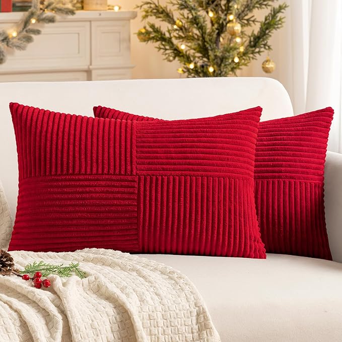 MIULEE Christmas Red Corduroy Pillow Covers Pack of 2 Boho Decorative Spliced Throw Pillow Covers Soft Solid Couch Pillowcases Cross Patchwork Cushion Covers for Living Room Bed Sofa 12x20 inch