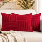 MIULEE Christmas Red Corduroy Pillow Covers Pack of 2 Boho Decorative Spliced Throw Pillow Covers Soft Solid Couch Pillowcases Cross Patchwork Cushion Covers for Living Room Bed Sofa 12x20 inch